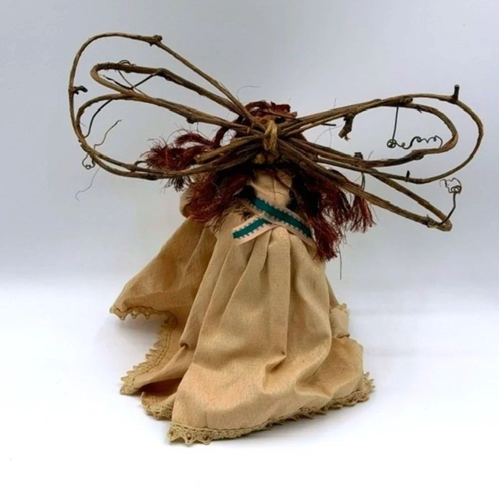 Mary Grey Primitive Folk Art Angel Doll Grapevine Wings Wood Base Handmade 12in